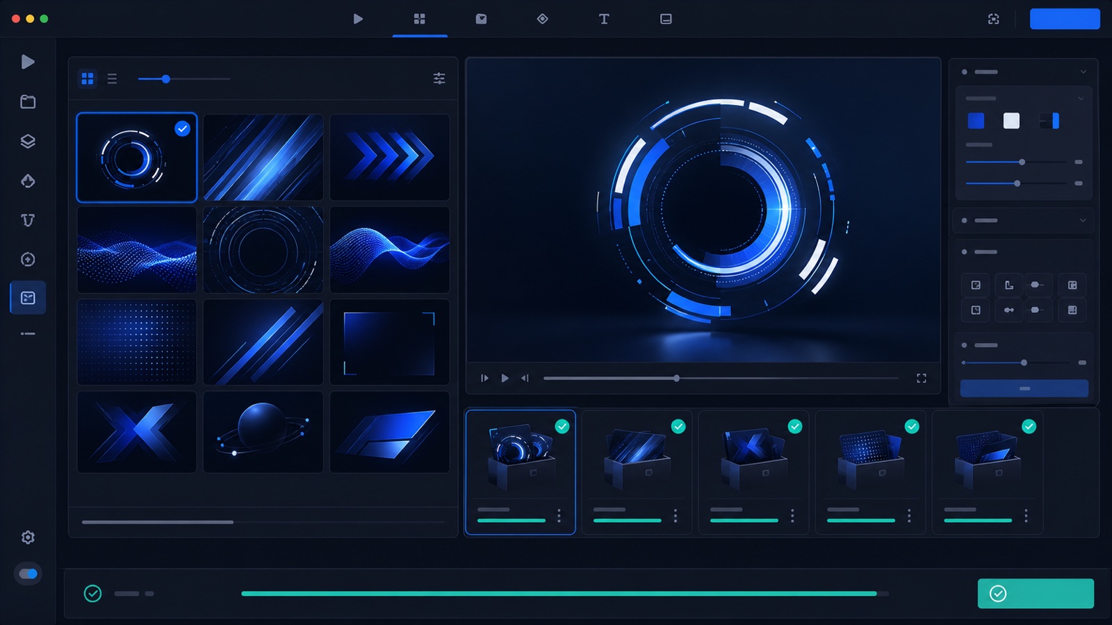Conceptual Motion Workbench interface showing a reusable motion asset library with preview cards and an import-ready package