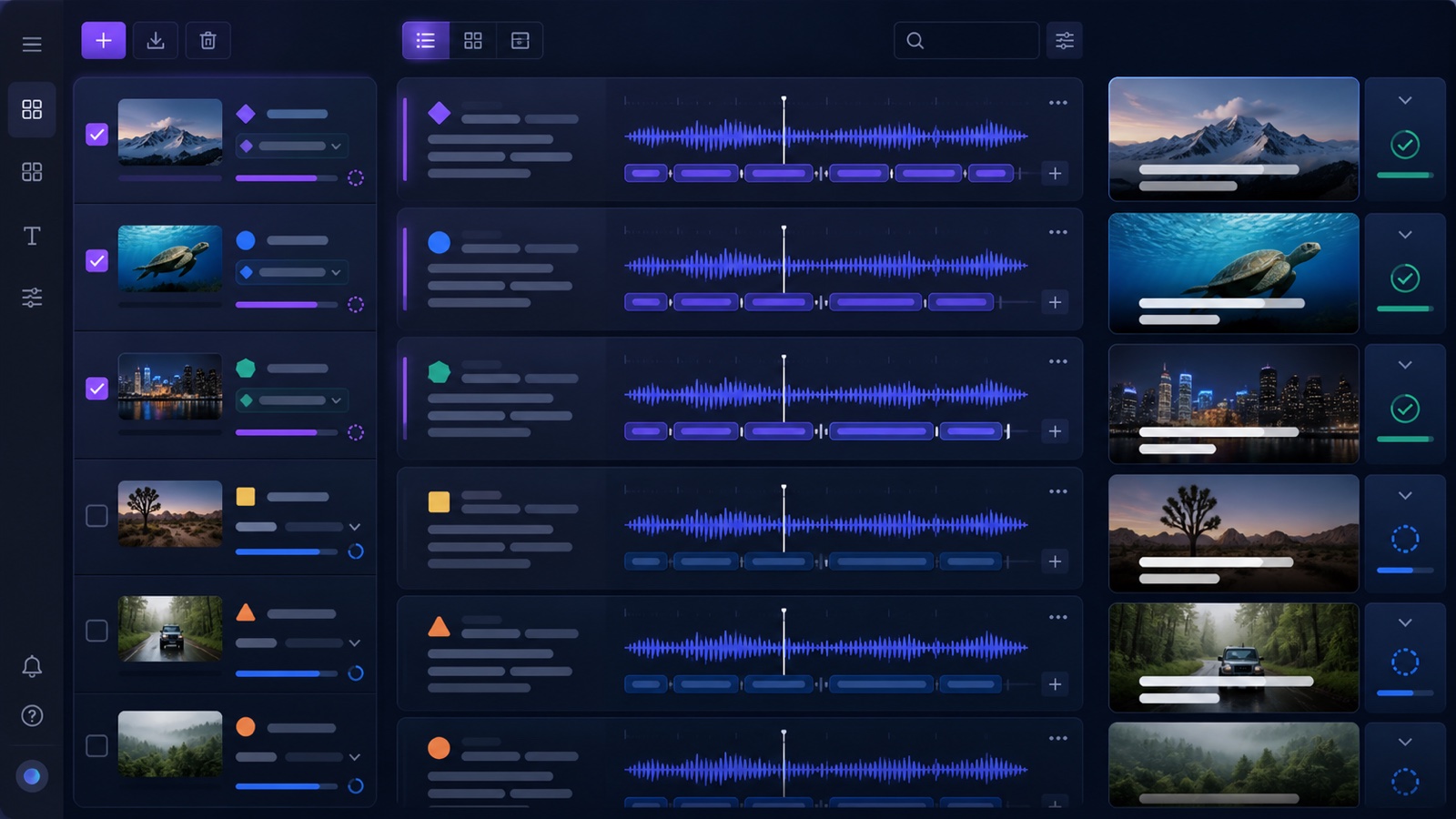 Conceptual Motion Workbench batch subtitle interface with multiple media clips, waveforms, grouped segments, and caption outputs