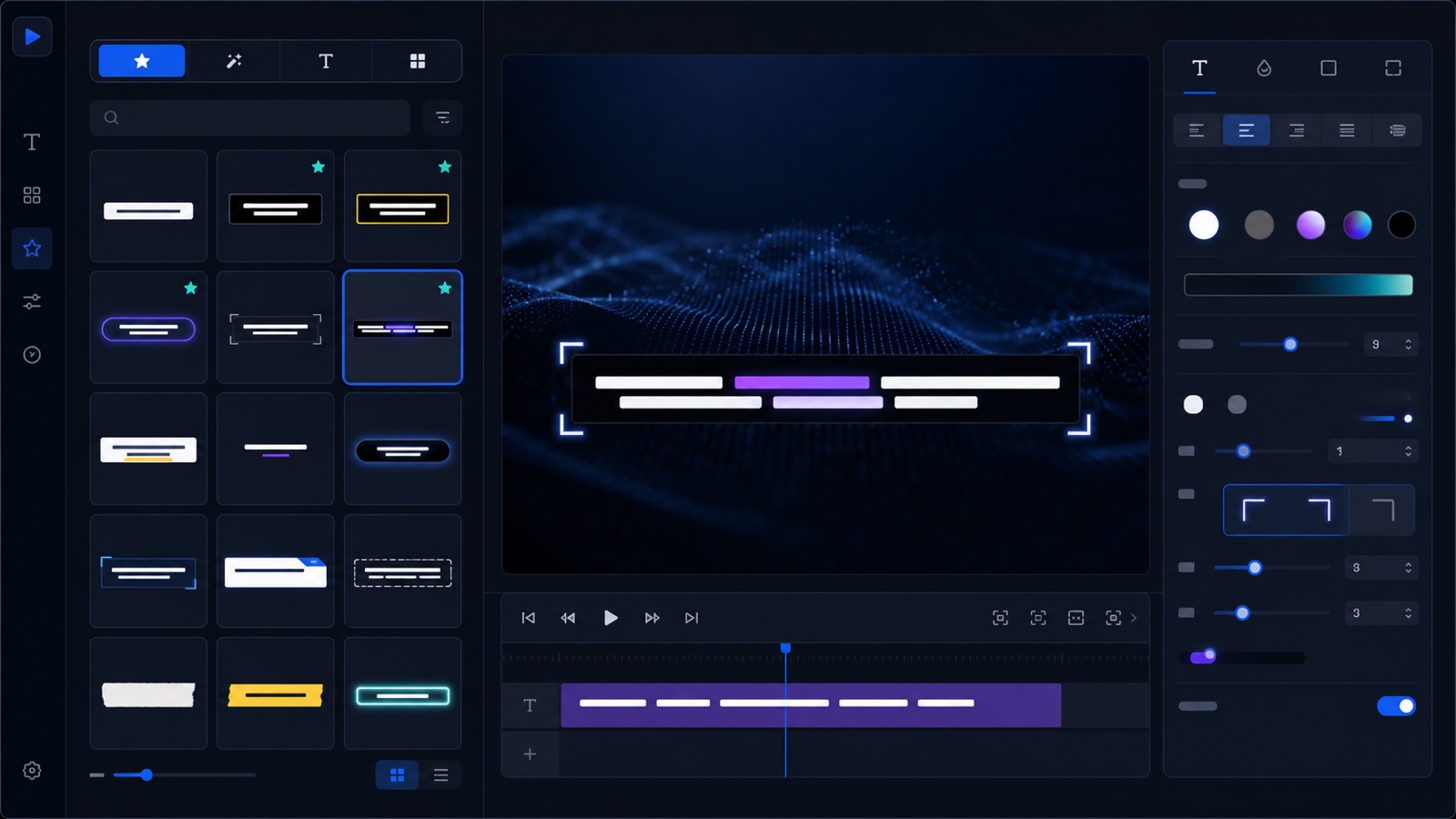 Conceptual Motion Workbench caption preset library with style cards, favorites, selected preview, and text controls