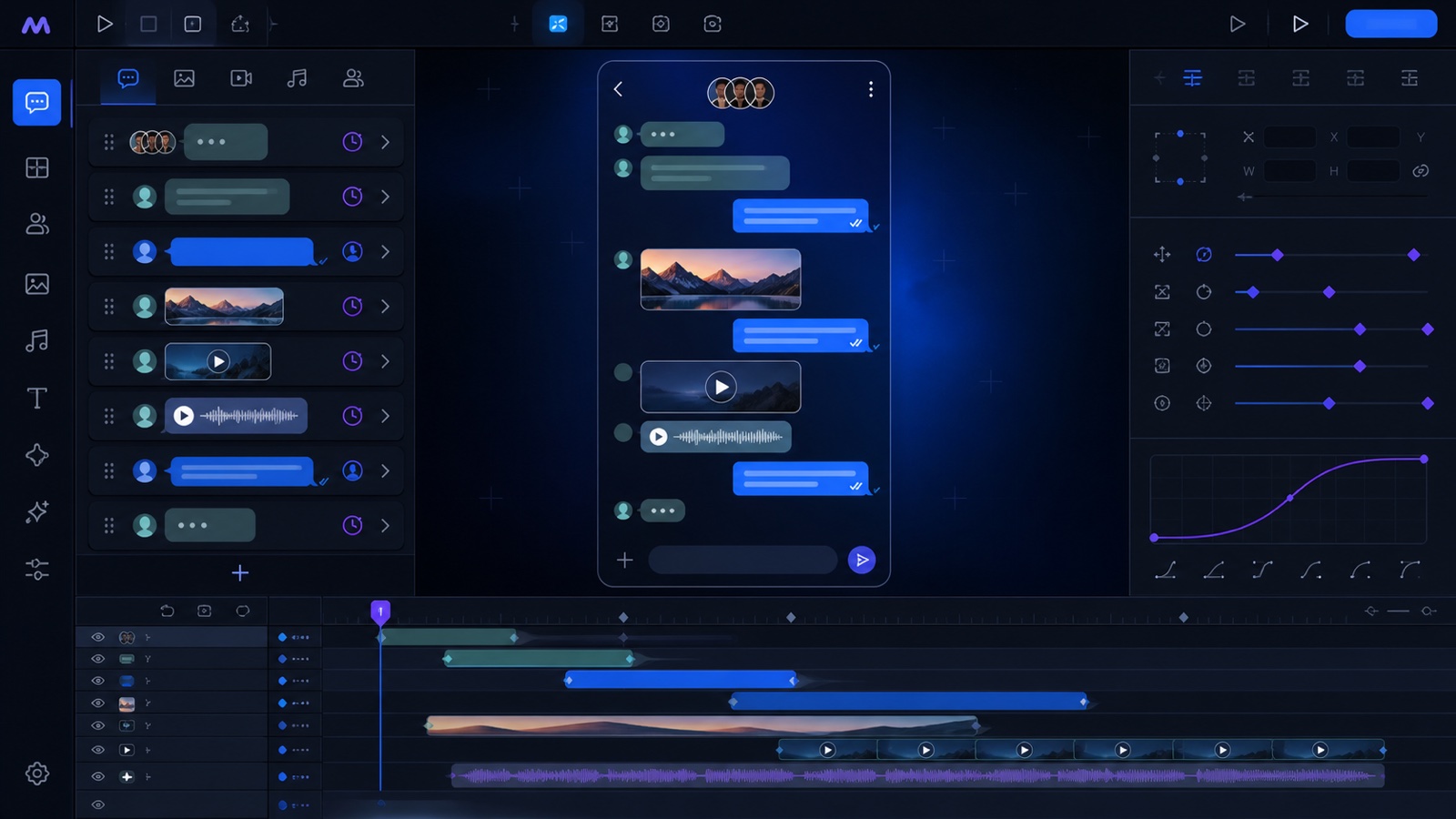 Conceptual Motion Workbench chat mockup builder with message flow, group conversation, media bubbles, and motion timeline
