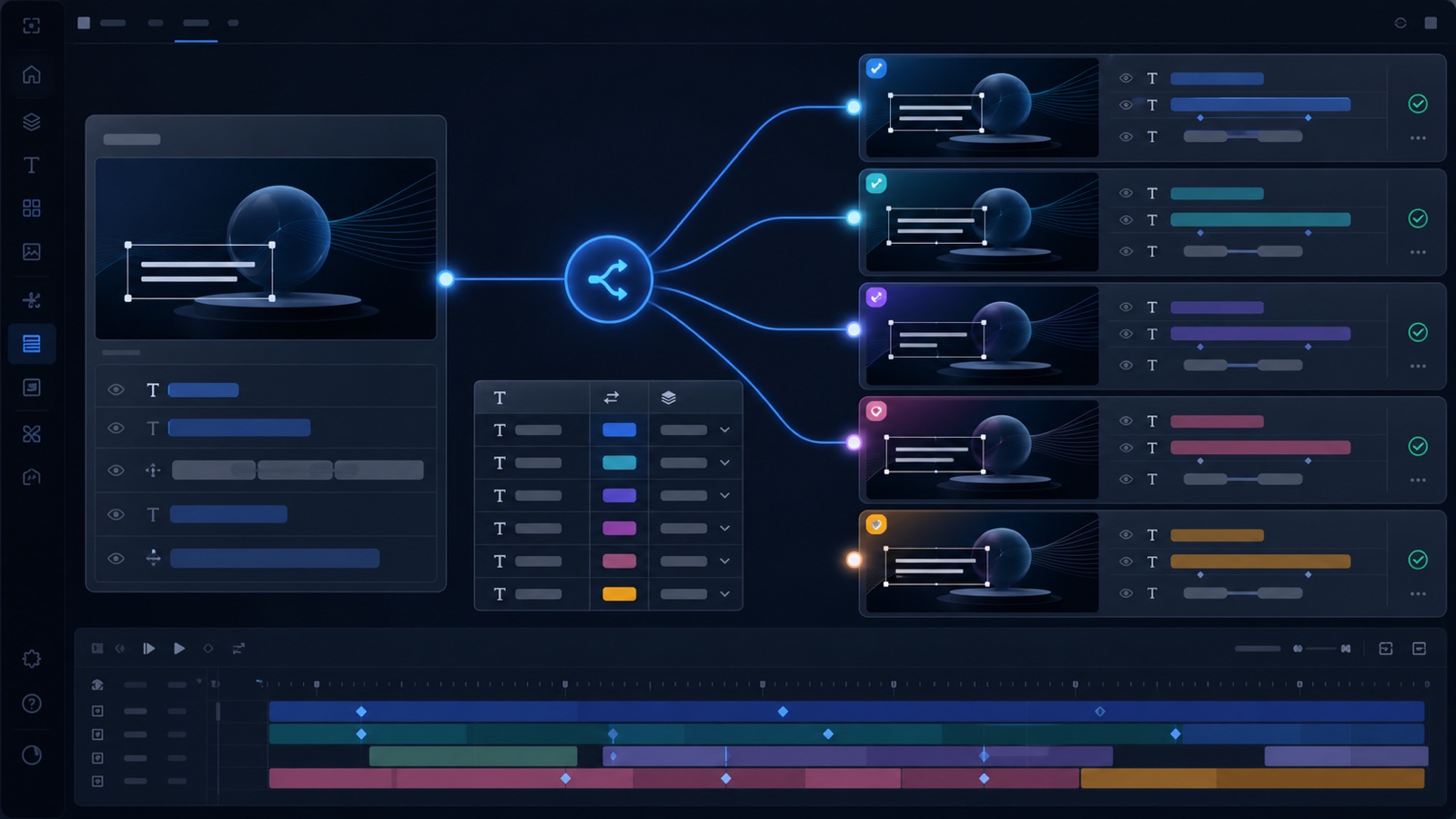 Conceptual Motion Workbench localization interface branching one master composition into several translated language versions