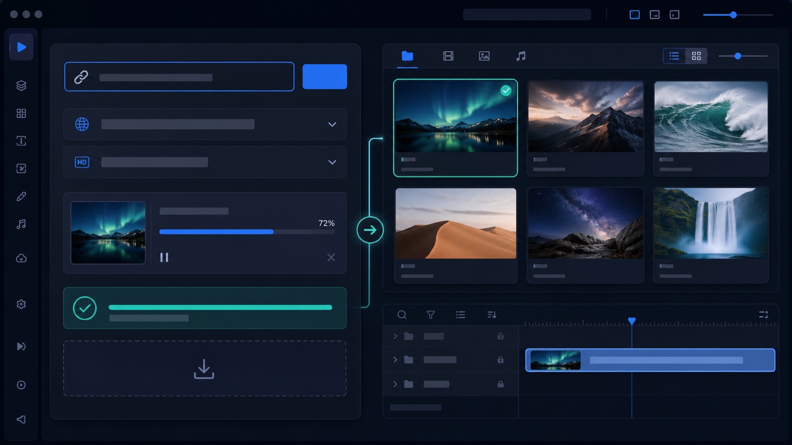 Conceptual Motion Workbench media import interface with URL controls, download progress, thumbnails, and an imported timeline asset