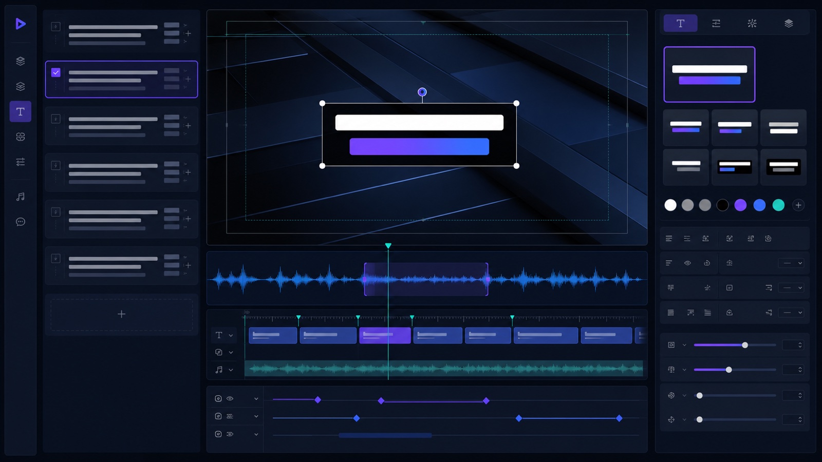 Conceptual Motion Workbench subtitle interface with waveform segments, caption preset preview, and timed editable layers